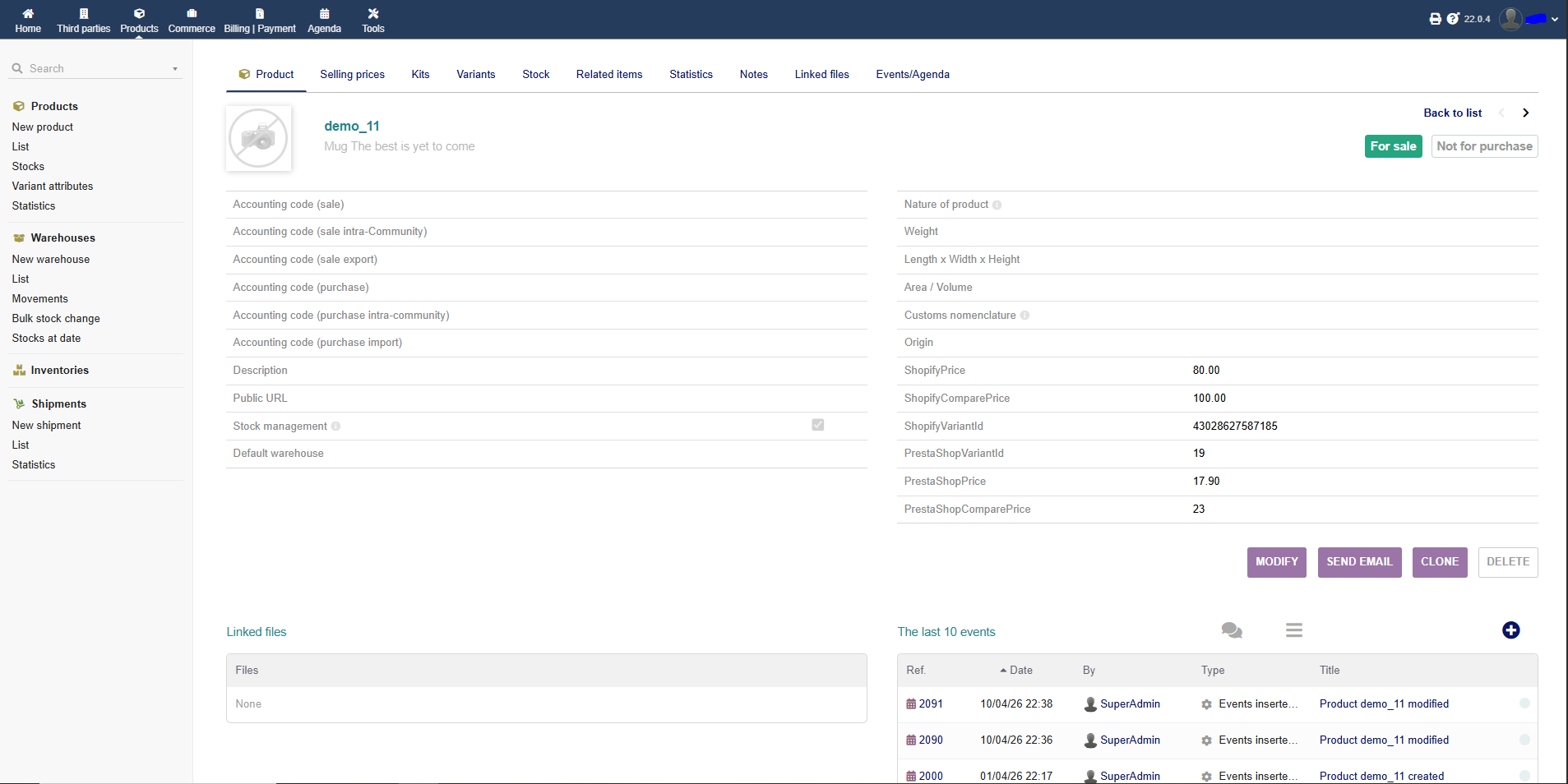 Dolibarr product card with prestashop_variant_id field