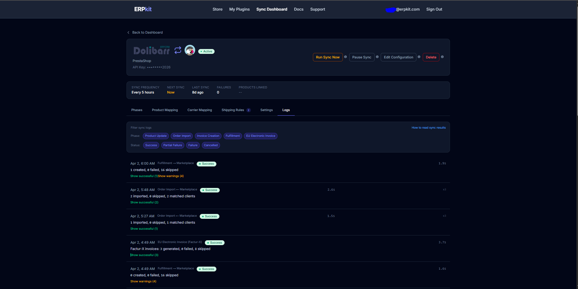 ERPkit detail page showing sync results